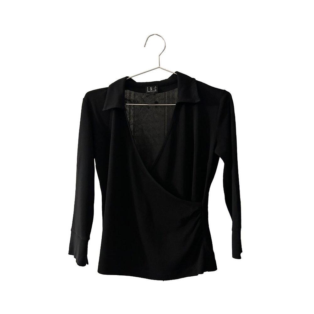 Black INC International Concepts Deep Plunge Wrap Top with collar, Size Small